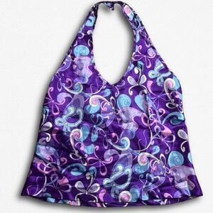 Mystery Girl Purple Psychedelic Halter Top Y2K Satin Swirl Print Juniors Large